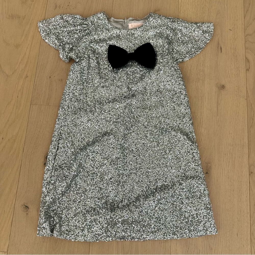 Biscotti Glittering Silver Dress with Black Bow